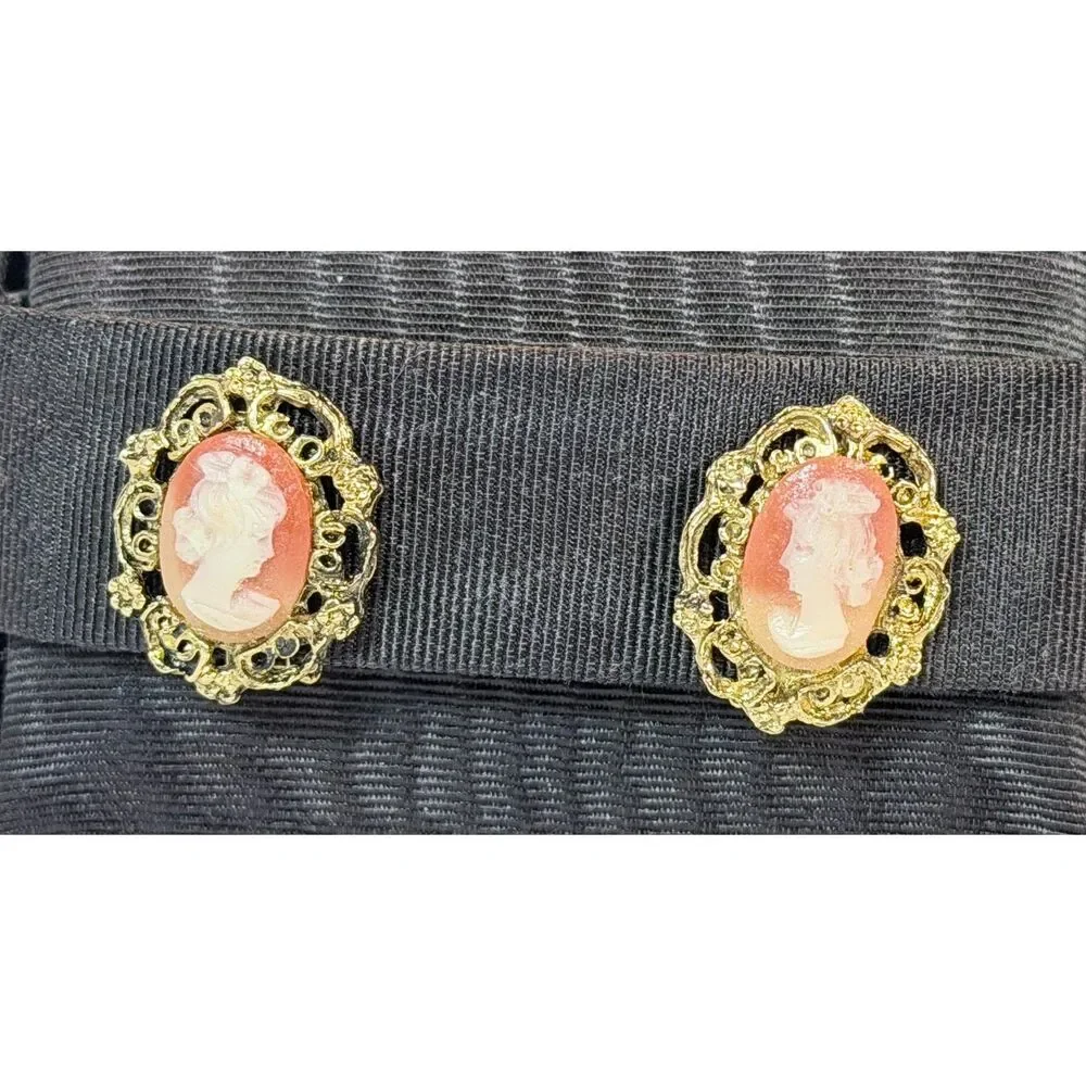 VTG Cameo Pink Resin Gold Tone Filigree Clip on Earrings Pin Brooch Victorian